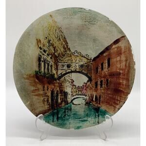 Vtg Signed Reverse Painted Glass Decorative Plate Ponte Dei Sospiri Venice 10”